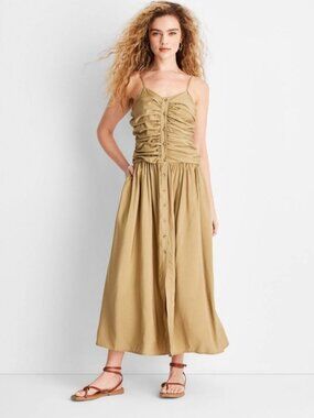 Future Collective Plus Sz 1X Ruched Midi Khaki Tank Dress Woven Button Maxi
